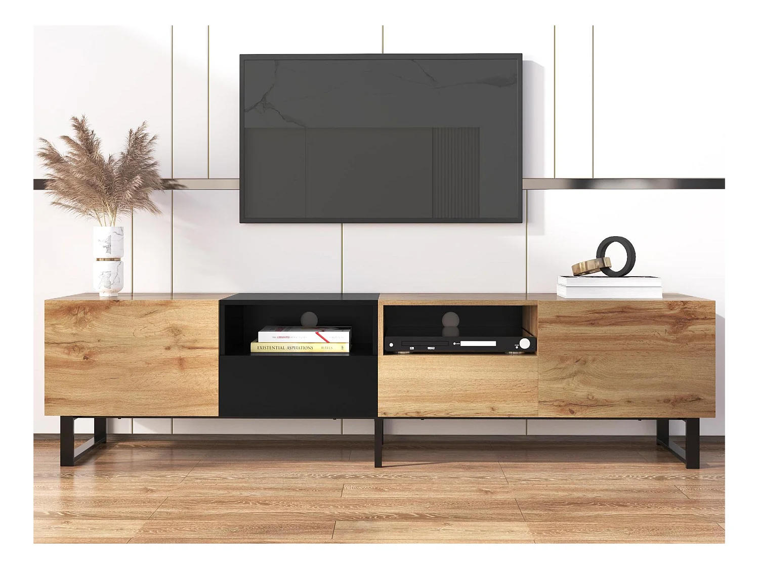 Meuble TV avec 2 portes 2 tiroirs & 2 niches - aspect bois - bois MDF et métal doré - coloris: chêne et noir