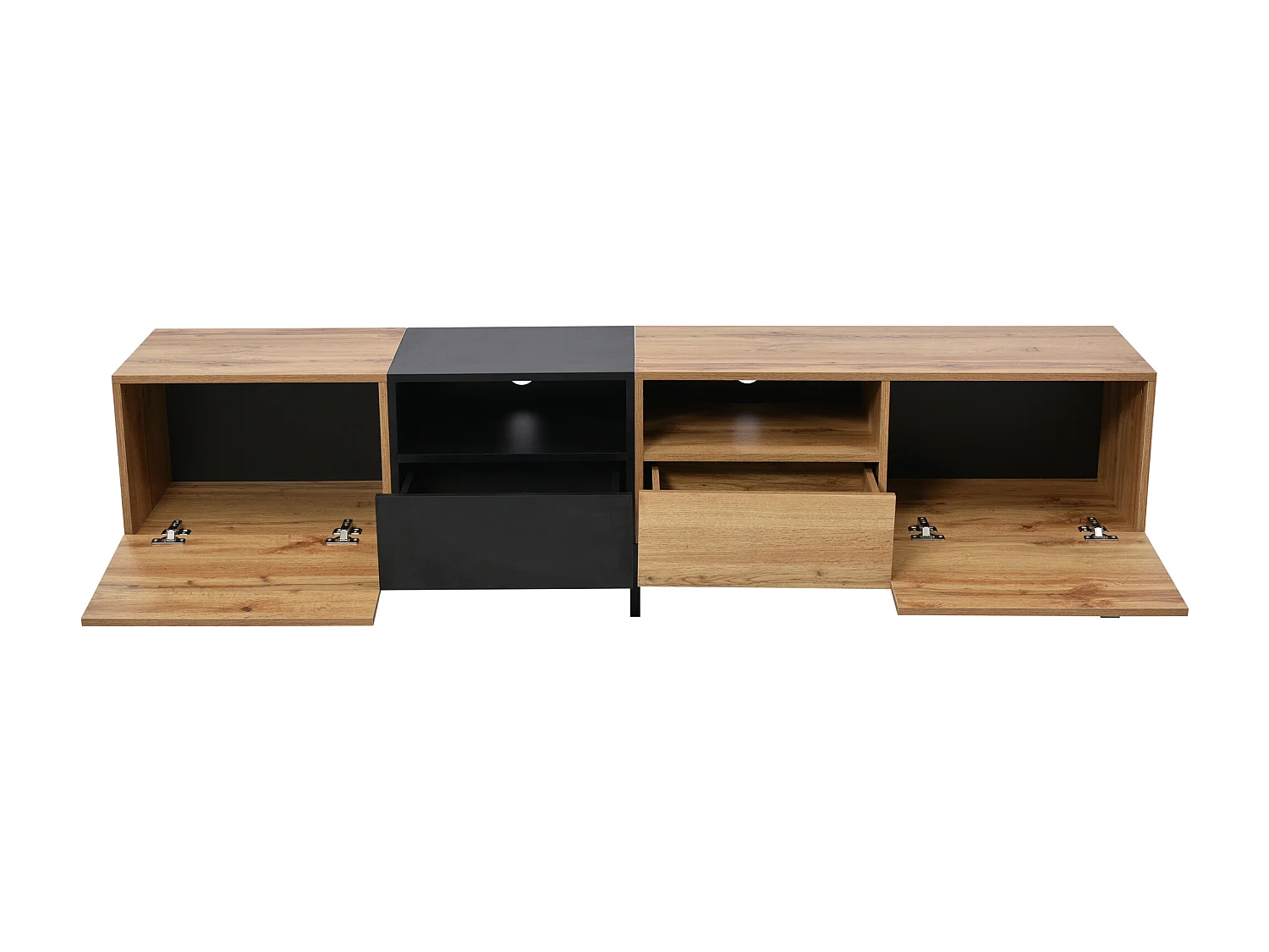Meuble TV avec 2 portes 2 tiroirs & 2 niches - aspect bois - bois MDF et métal doré - coloris: chêne et noir