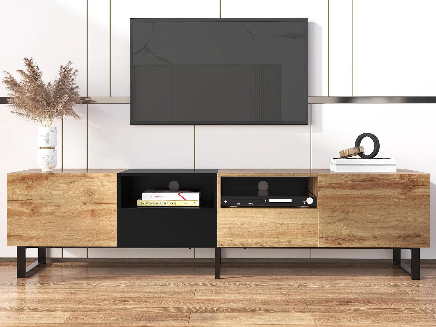Mueble de TV con 2 puertas, 2 cajones y 2 nichos - aspecto madera - madera MDF y metal dorado - colores: roble y negro
