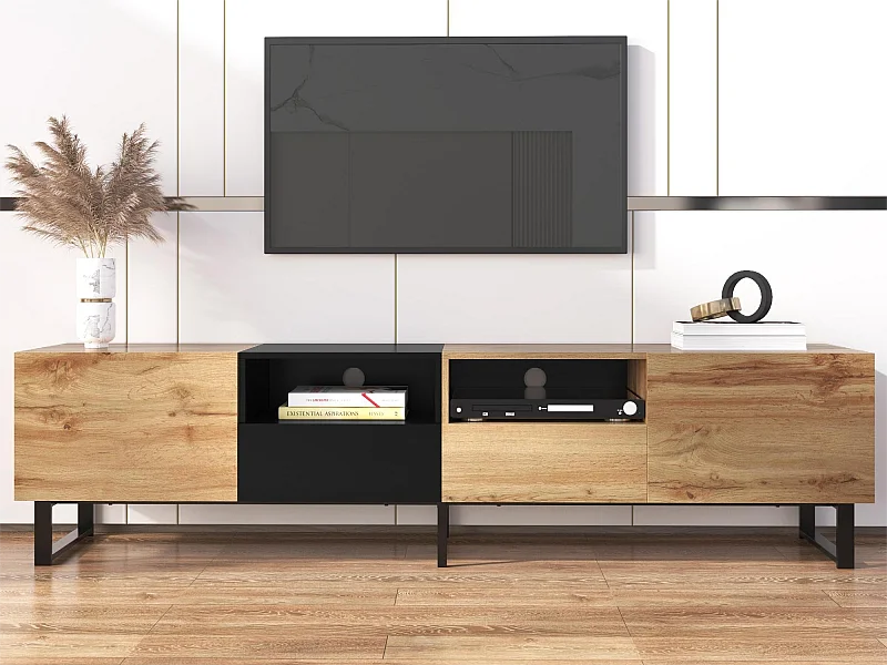 TV-meubel met 2 deuren, 2 lades en 2 nissen - houtlook - MDF-hout en goudkleurig metaal - kleuren: eiken en zwart