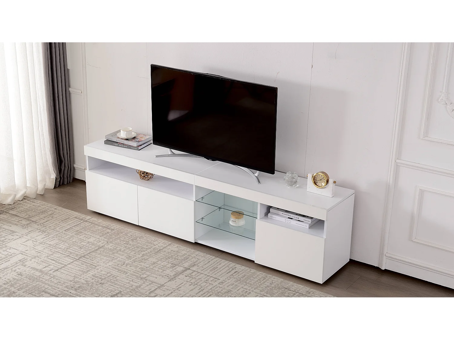 Moderner TV-Schrank mit 3 Türen, 2 Schubladen & 2 Nischen – LEDs – Länge 180 cm – für Wohnzimmer – weiß lackiert