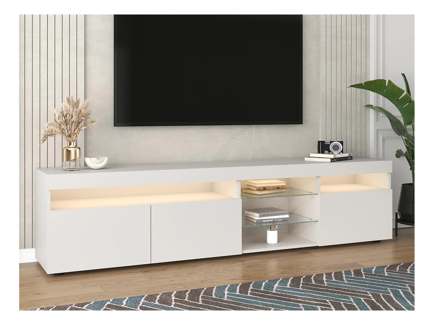 Meuble TV moderne avec 3 portes 2 tiroirs & 2 niches - LEDs - longueur 180cm - pour salon - laqué blanc