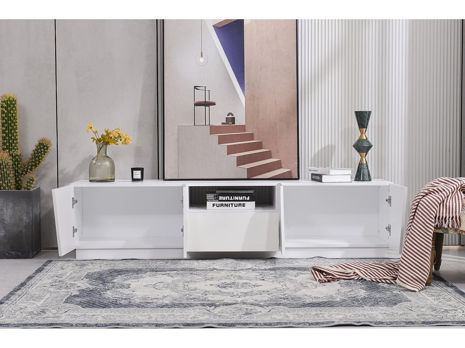 Meuble TV avec 4 Portes 1 tiroir & 1 niche - Bois MDF - style moderne - laqué blanc