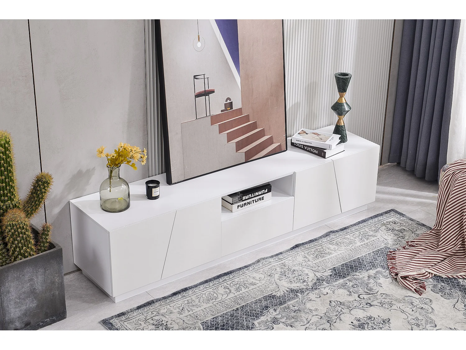 TV-Schrank mit 4 Türen, 1 Schublade und 1 Nische – MDF-Holz – moderner Stil – weiß lackiert