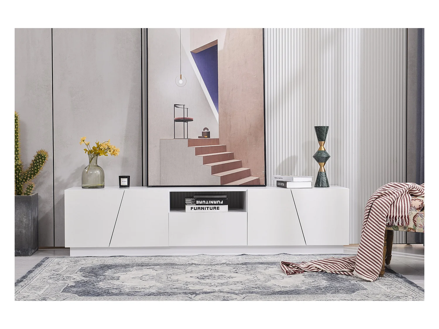 Meuble TV avec 4 Portes 1 tiroir & 1 niche - Bois MDF - style moderne - laqué blanc