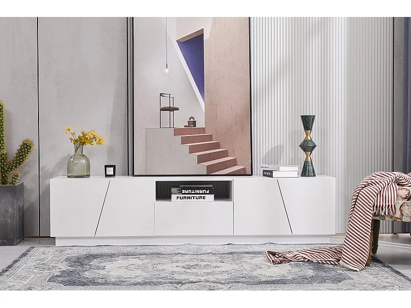 Meuble TV avec 4 Portes 1 tiroir & 1 niche - Bois MDF - style moderne - laqué blanc