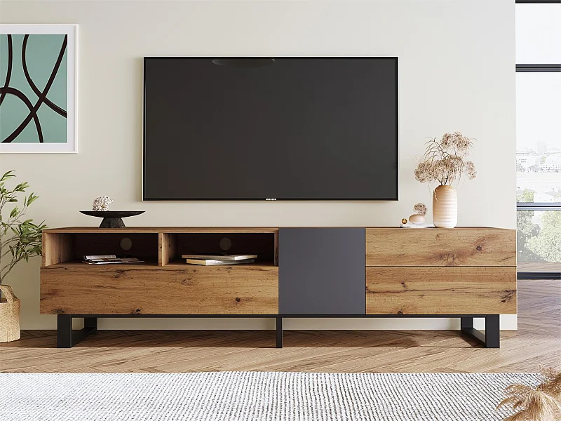 Moderne tv-kast met 2 deuren, 2 lades en 2 nissen - MDF-hout en metaal - kleur eiken en zwart
