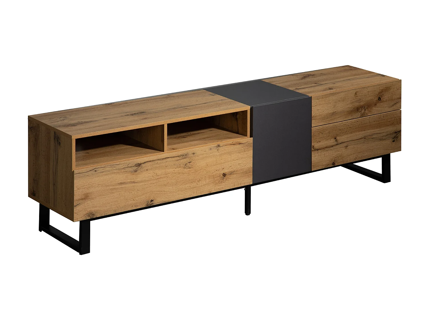 Móvel de TV moderno com 2 portas, 2 gavetas e 2 nichos - madeira MDF e metal - carvalho e preto