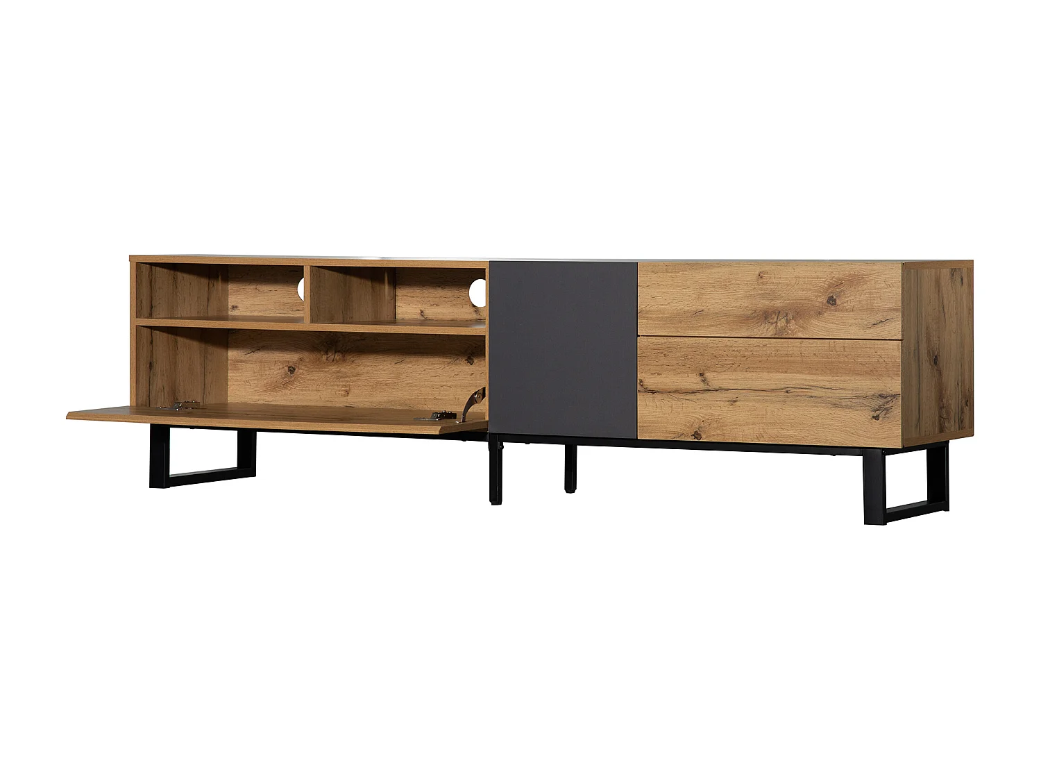 Móvel de TV moderno com 2 portas, 2 gavetas e 2 nichos - madeira MDF e metal - carvalho e preto