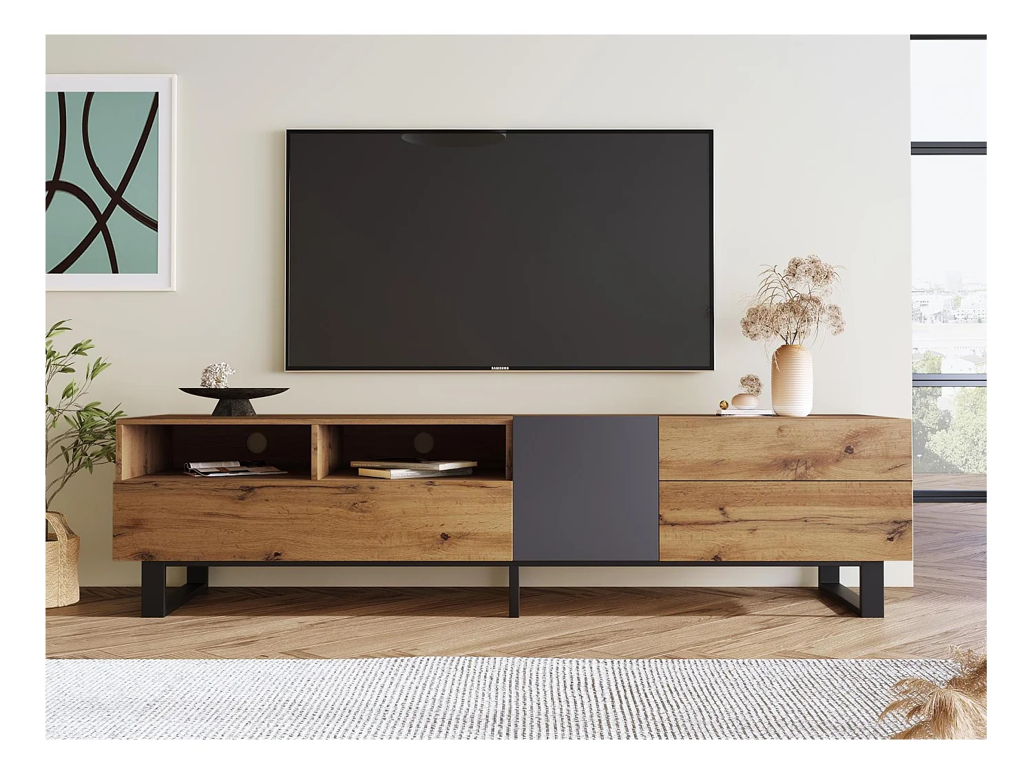 Meuble TV moderne avec 2 portes 2 tiroirs & 2 niches - bois MDF et métal - coloris chêne et noir
