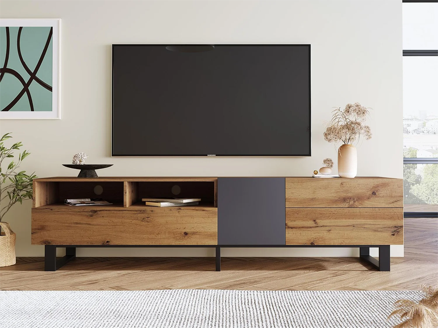 Moderne tv-kast met 2 deuren, 2 lades en 2 nissen - MDF-hout en metaal - kleur eiken en zwart