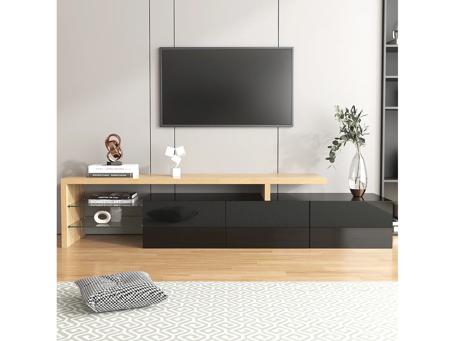 Móvel de TV moderno com 3 portas e 2 nichos - LEDs - Madeira MDF e vidro - carvalho e cor preta