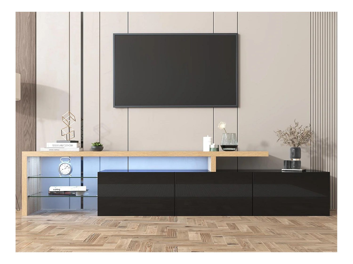 Meuble TV moderne avec 3 portes et 2 niches - LEDs - bois MDF et verre - coloris chêne et noir