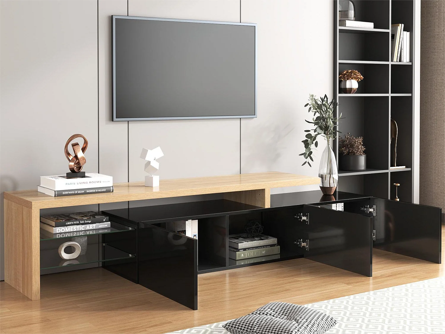 Moderner TV-Schrank mit 3 Türen und 2 Nischen – LEDs – MDF-Holz und Glas – Farbe Eiche und Schwarz