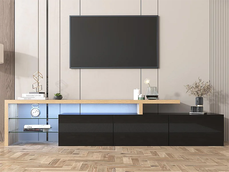 Moderne tv-kast met 3 deuren en 2 nissen - LED's - MDF-hout en glas - kleuren eiken en zwart