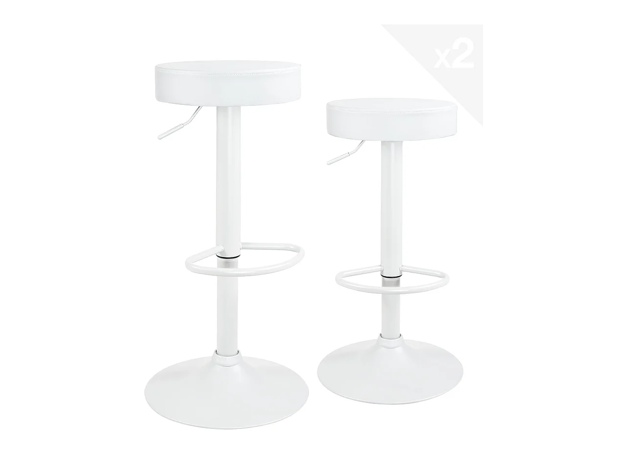 Lot 2 tabourets bar blanc rond simili rembourré pivotant hauteur réglable YO (blanc intégral)