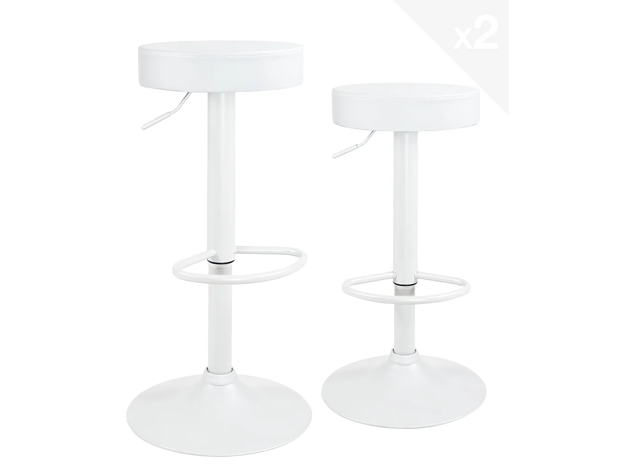 Lote de 2 taburetes de bar redondos blancos, asiento de cuero sintético acolchado, giratorio, altura ajustable YO (blanco total)