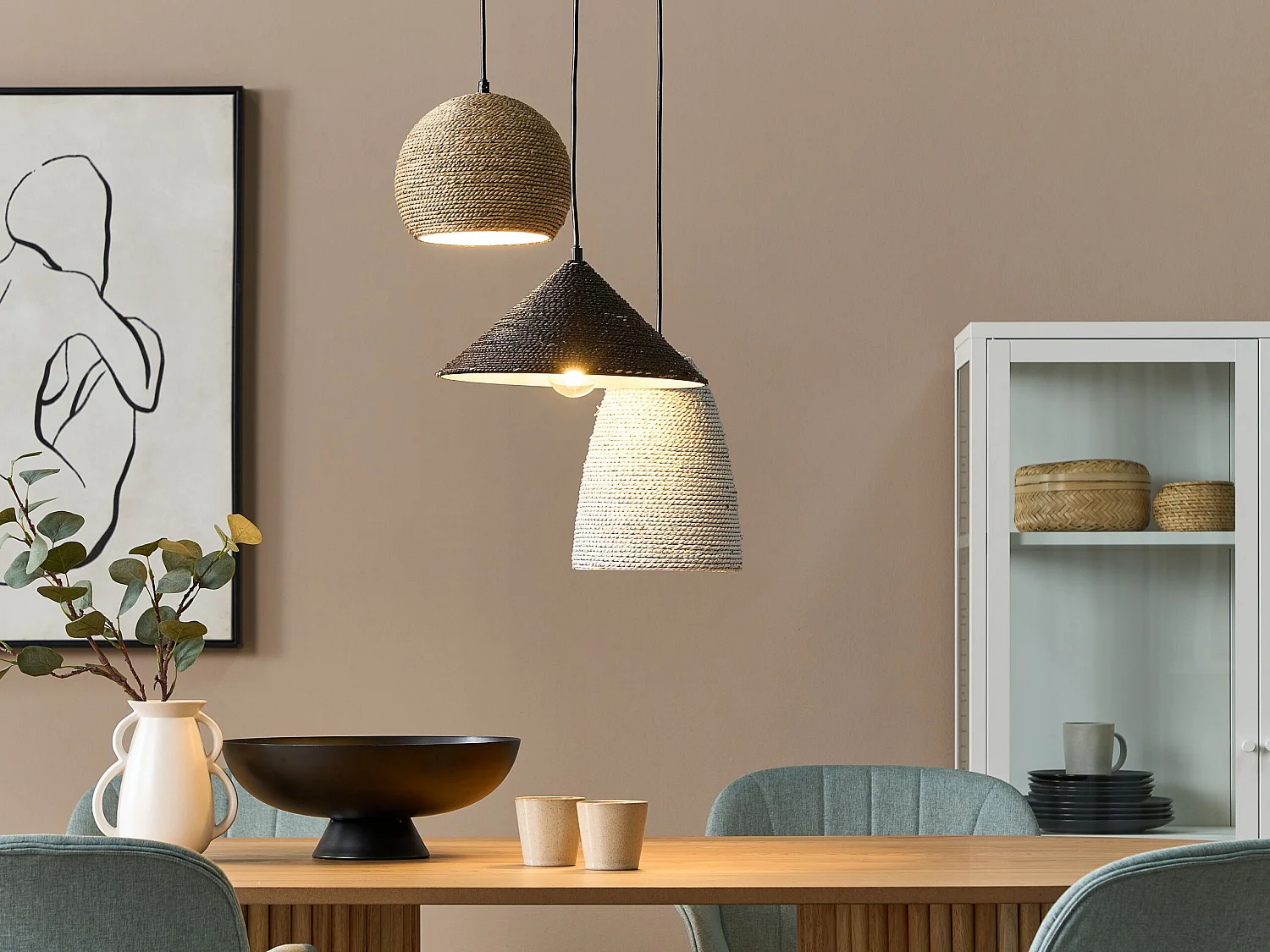 Lampe suspension ENDRICK Osier Naturel Blanc Marron