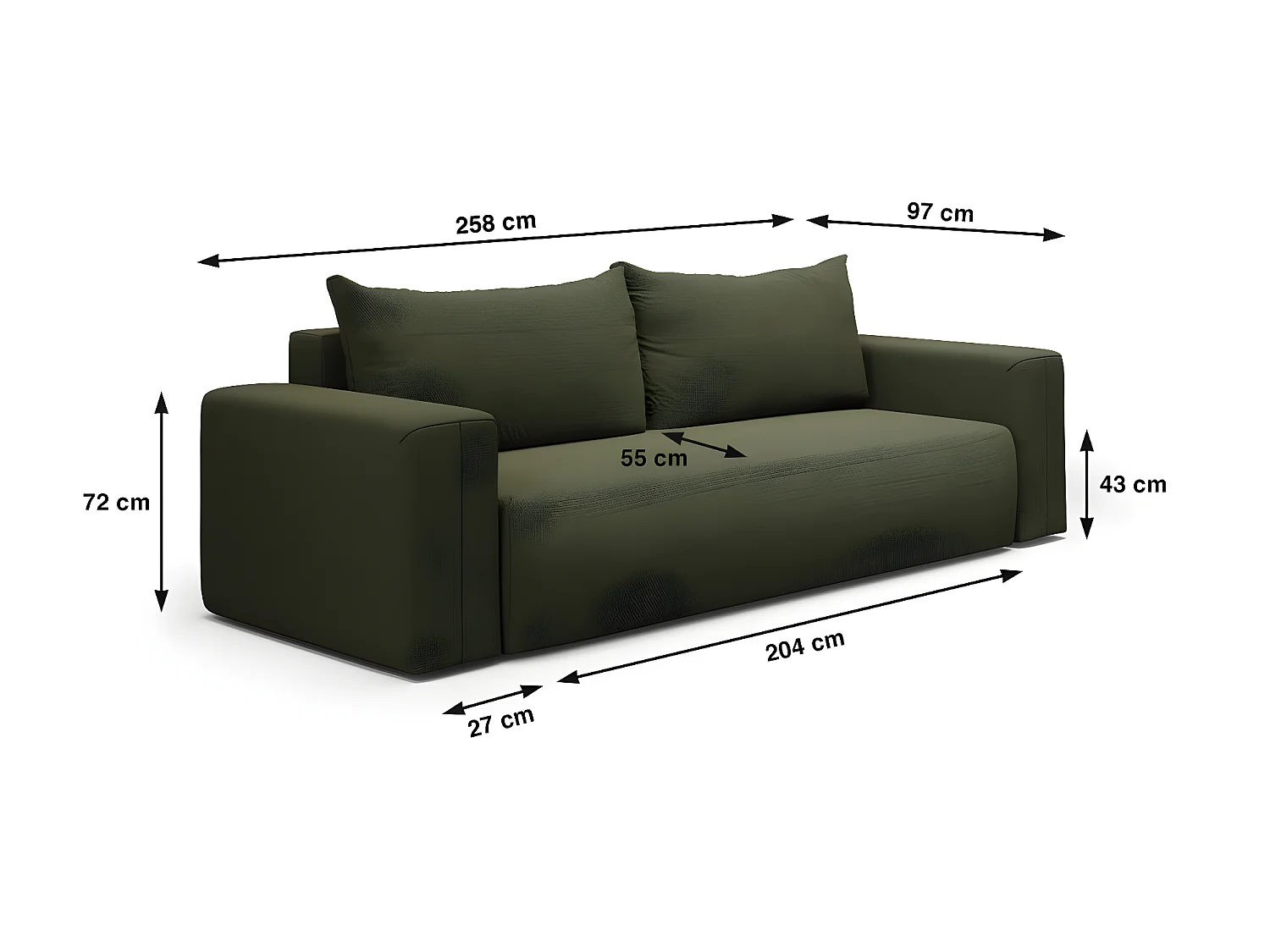 Canapé convertible 3 places coffre Bliss Vert Sapin