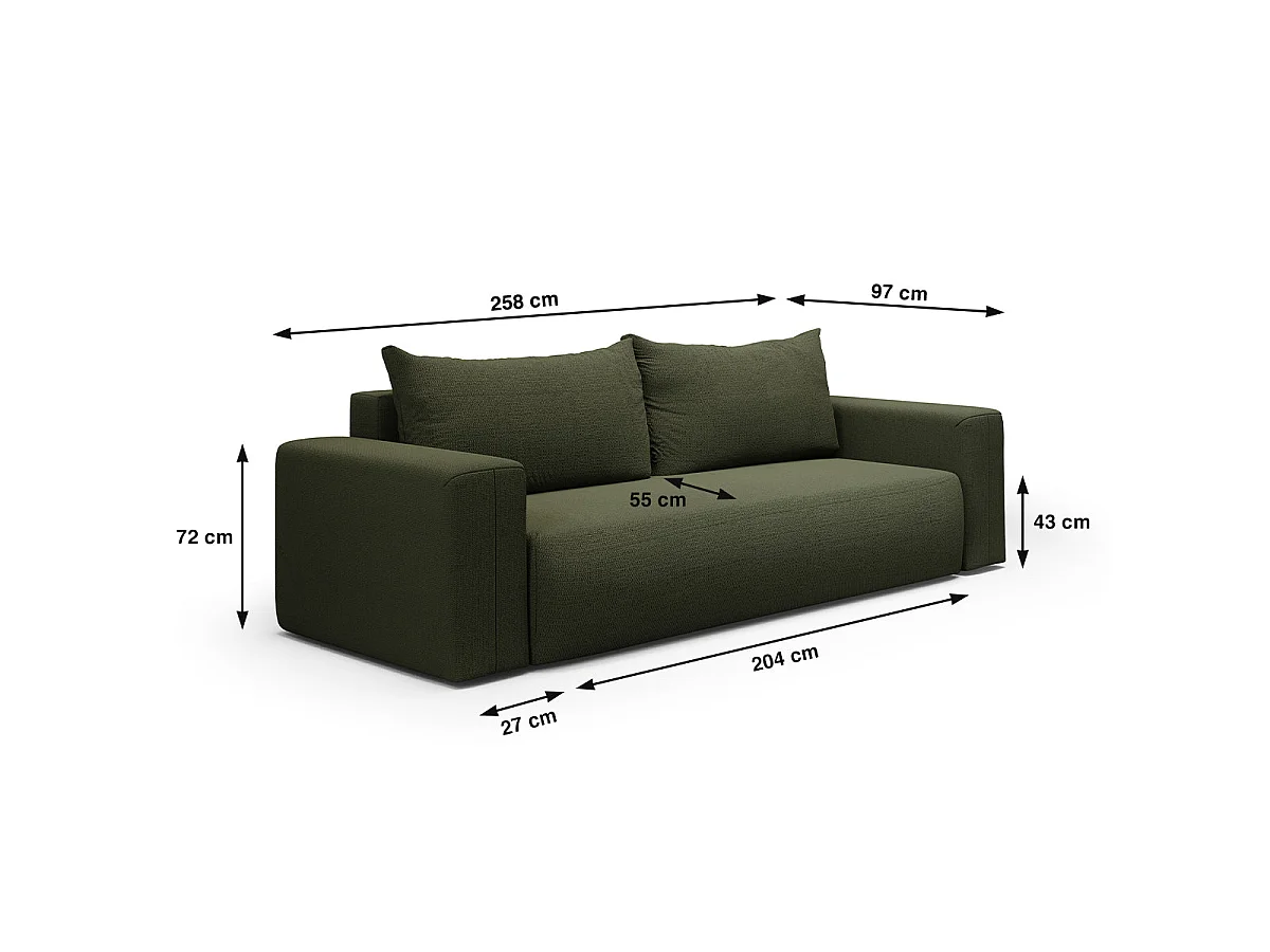 Canapé convertible 3 places avec coffre en tissu vert BLISS