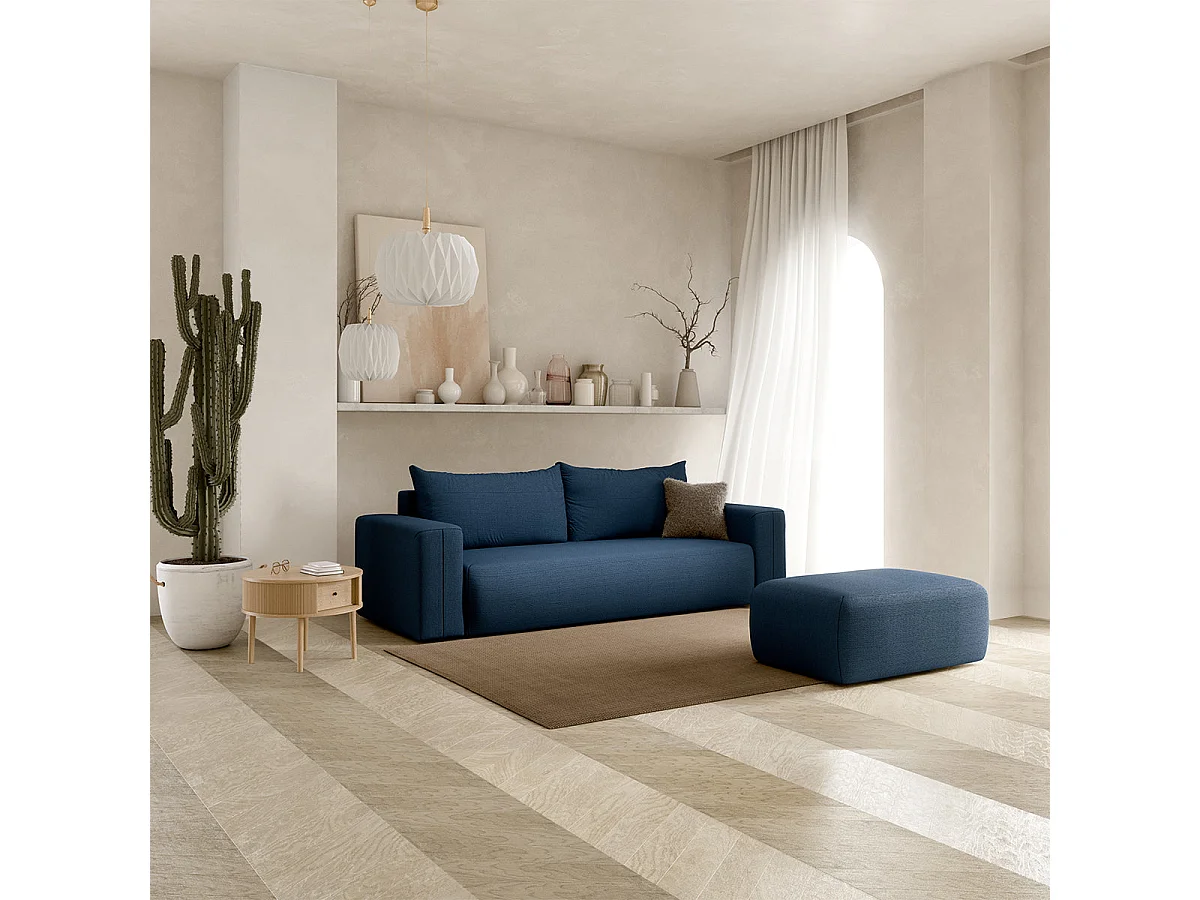 Canapé convertible 3 places avec coffre en tissu bleu BLISS