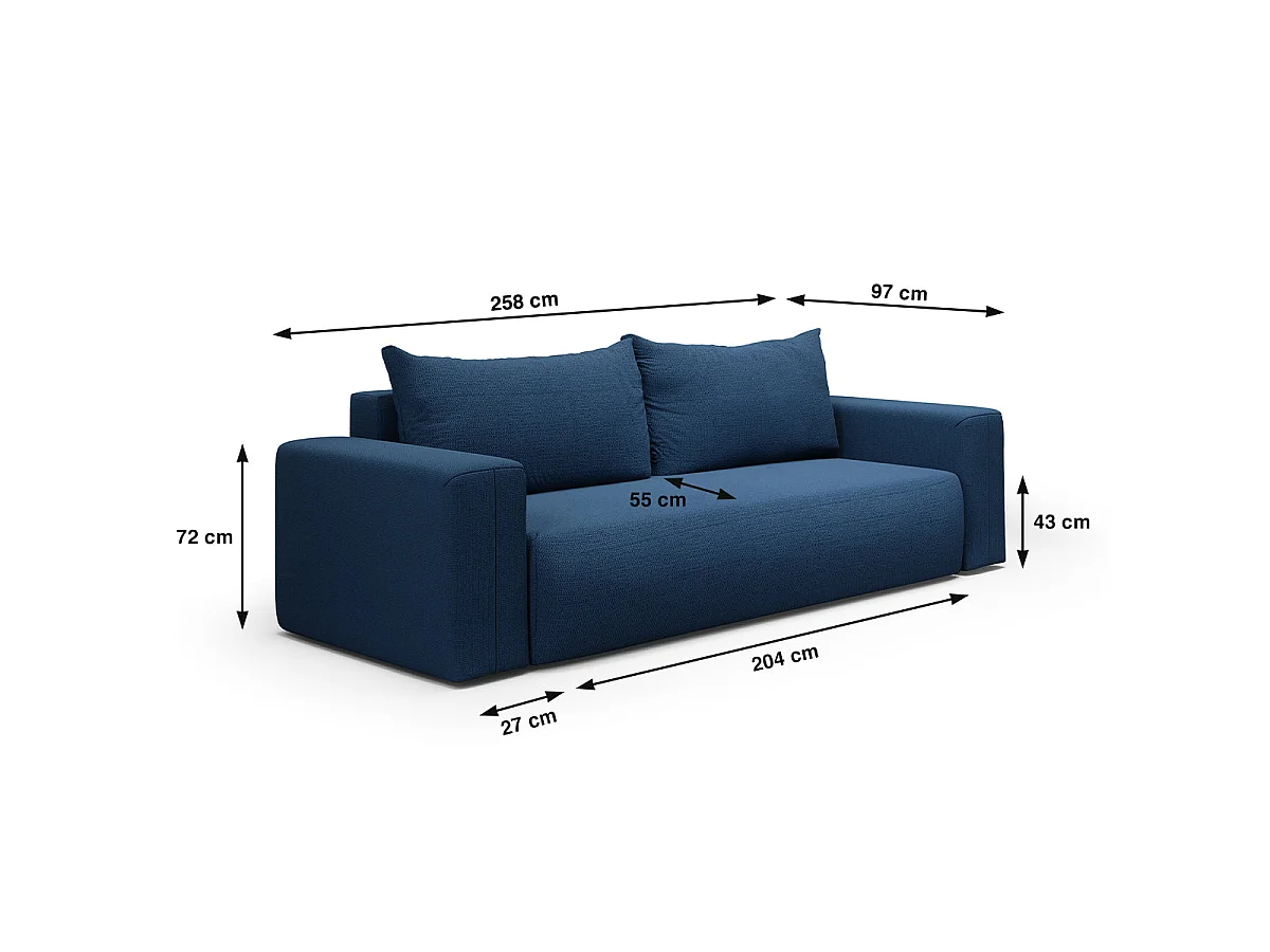 Canapé convertible 3 places avec coffre en tissu bleu BLISS