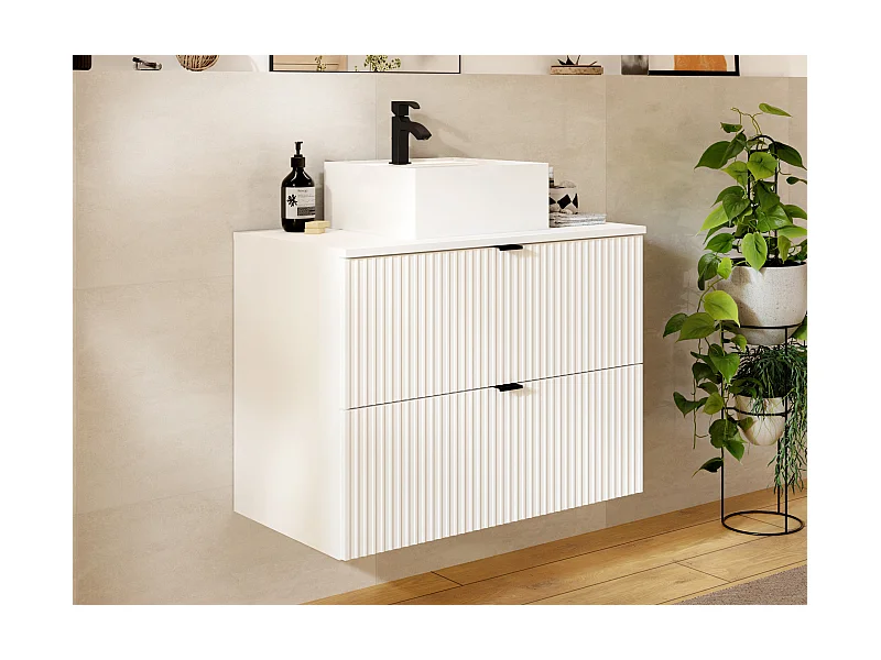 Meuble de salle de bain suspendu strié avec vasque carrée à poser - Blanc mat - 80 cm - ZEVINI