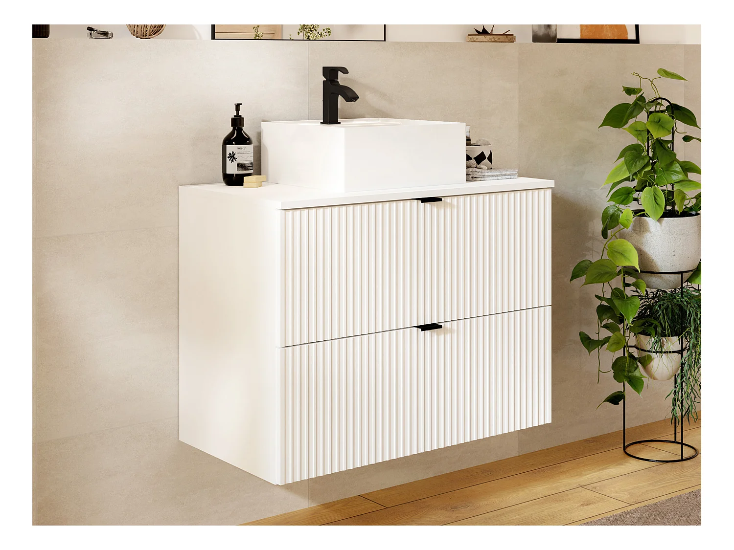 Waschbeckenunterschrank hängend mit Aufsatzwaschbecken - Streifenoptik - Weiß - 80 cm - ZEVINI