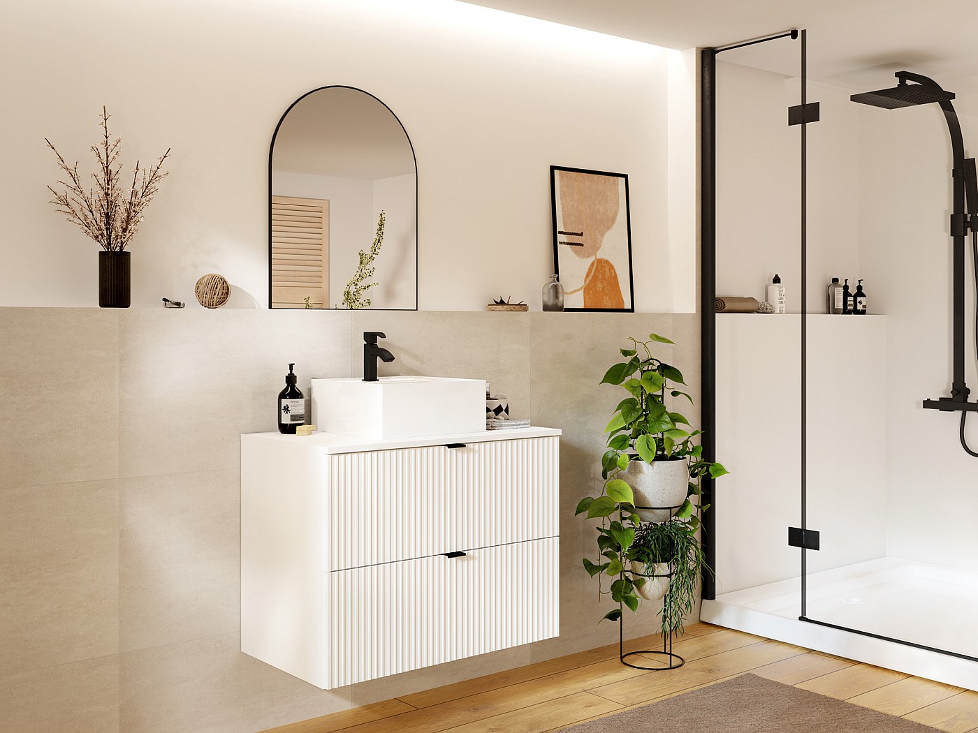 Meuble de salle de bain suspendu strié avec vasque à poser, blanc mat