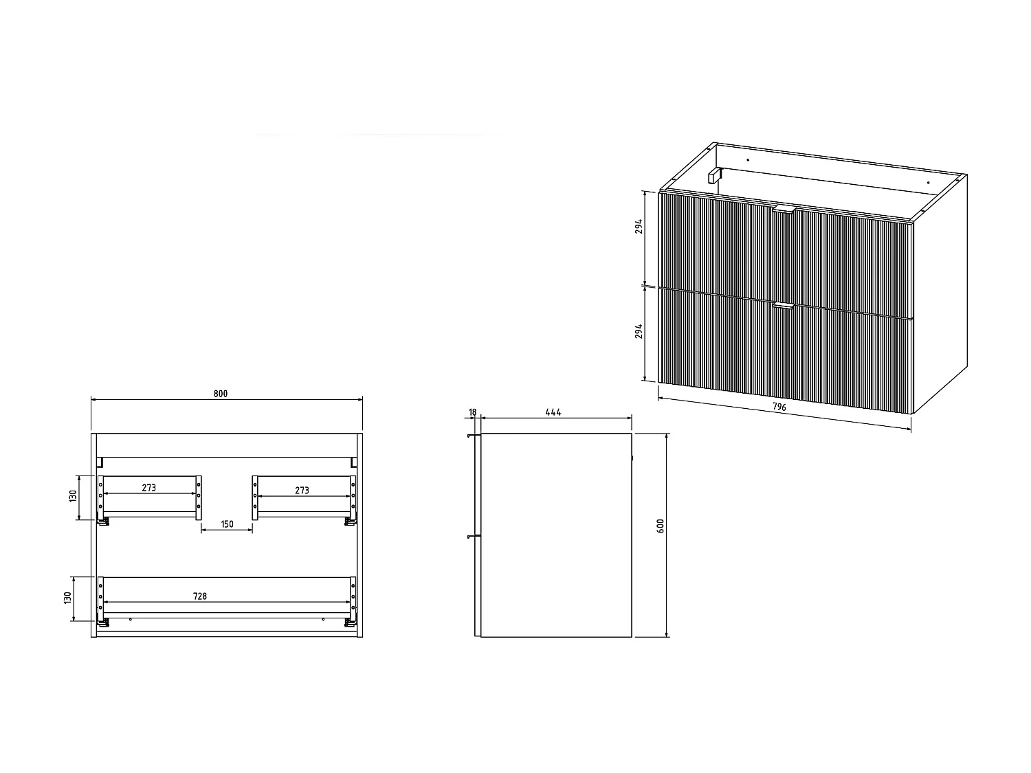 Zwevend, geribbeld badkamermeubel met vierkante opzetwastafel - Wit - L80 cm - ZEVINI