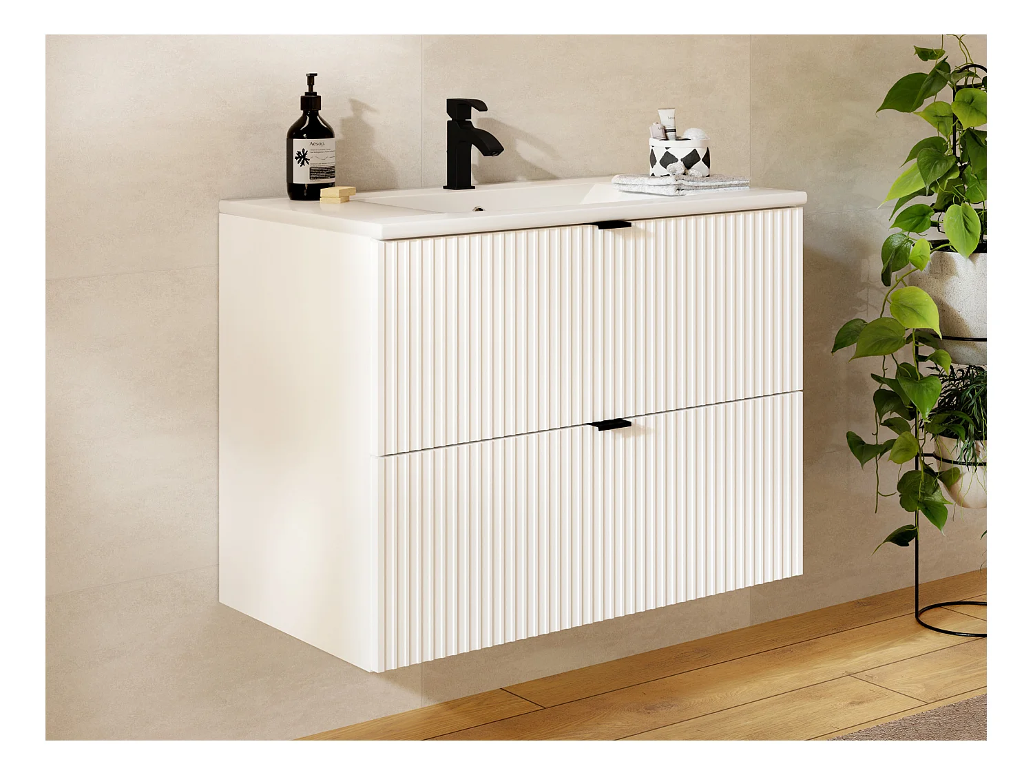 Meuble de salle de bain suspendu strié avec vasque à encastrer - Blanc mat - 80 cm - ZEVINI