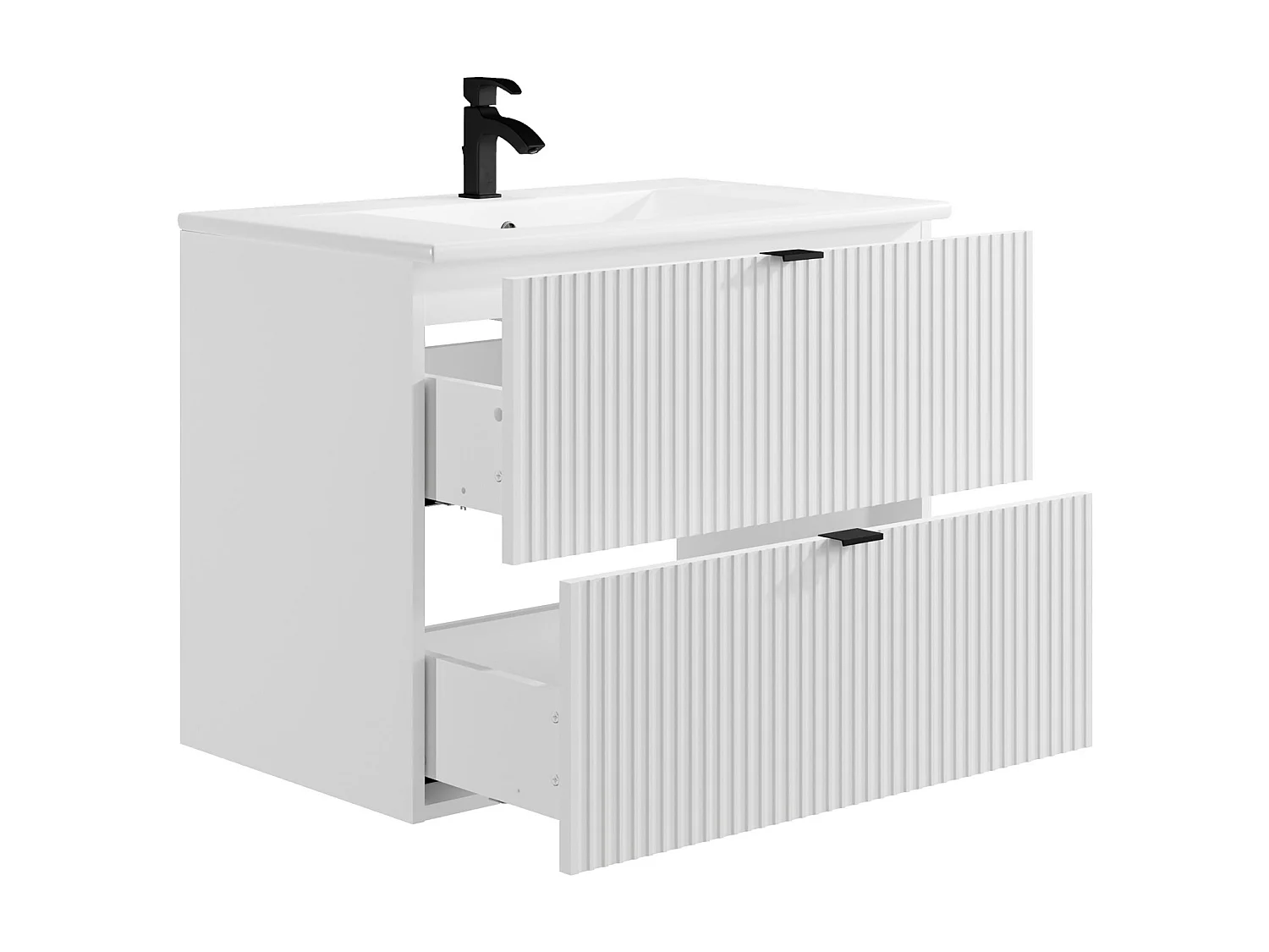 Mueble de baño suspendido estriado con lavabo encastrado - Blanco - Ancho 80 cm - ZEVINI