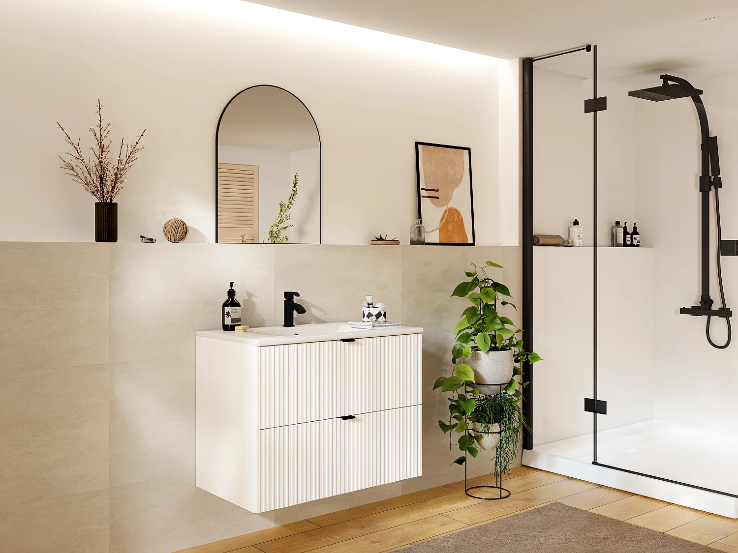 Mueble de baño suspendido estriado con lavabo encastrado - Blanco - Ancho 80 cm - ZEVINI