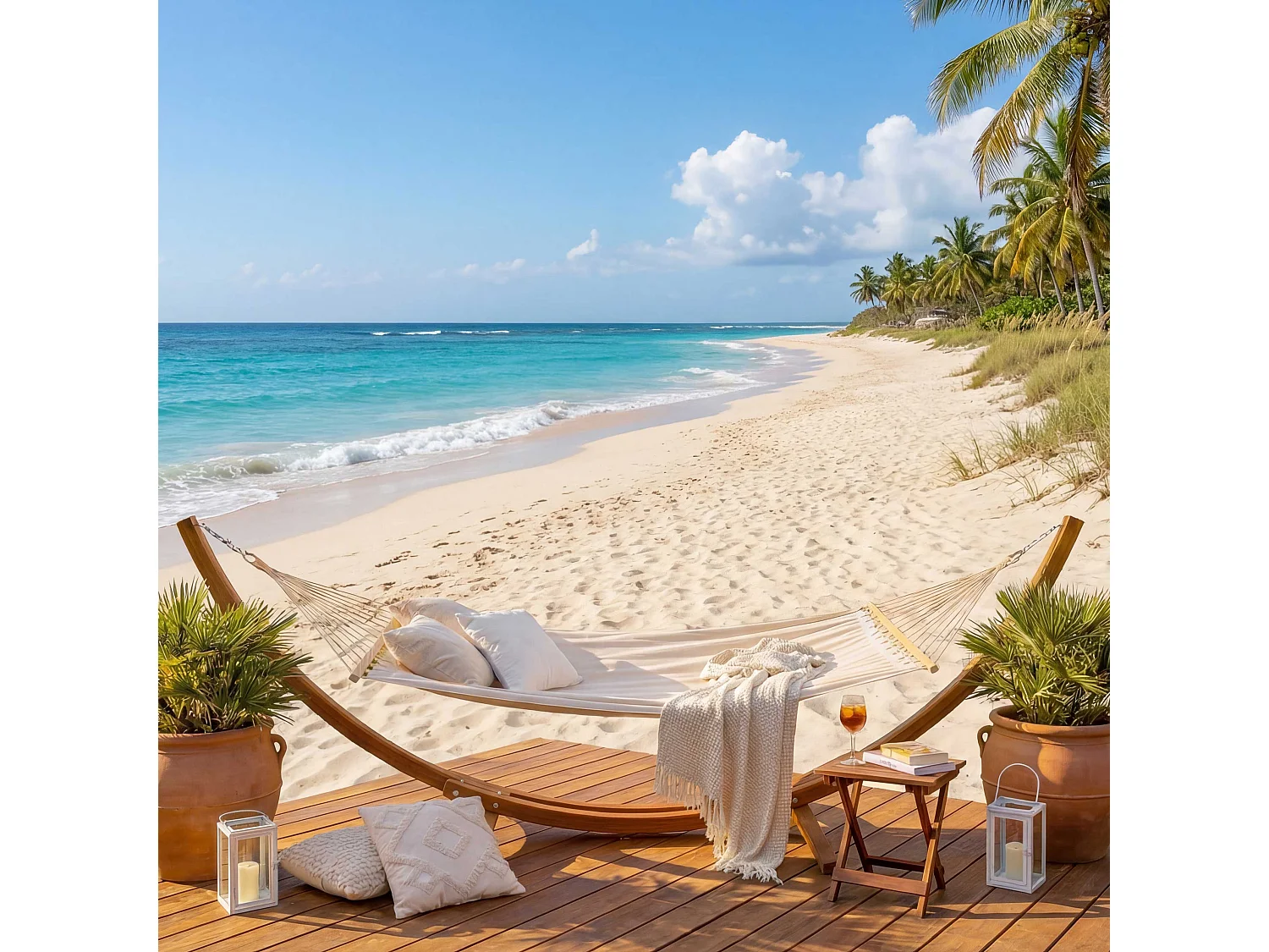 Hamac avec support MCW-J46,  Marron, tissu creme-blanc