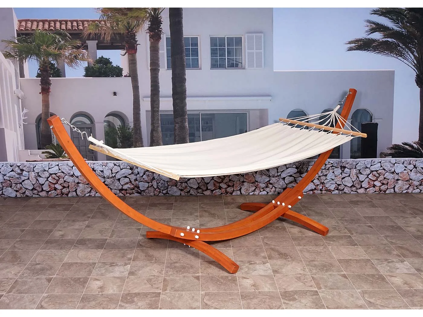 Hamac avec support MCW-J46,  Marron, tissu creme-blanc