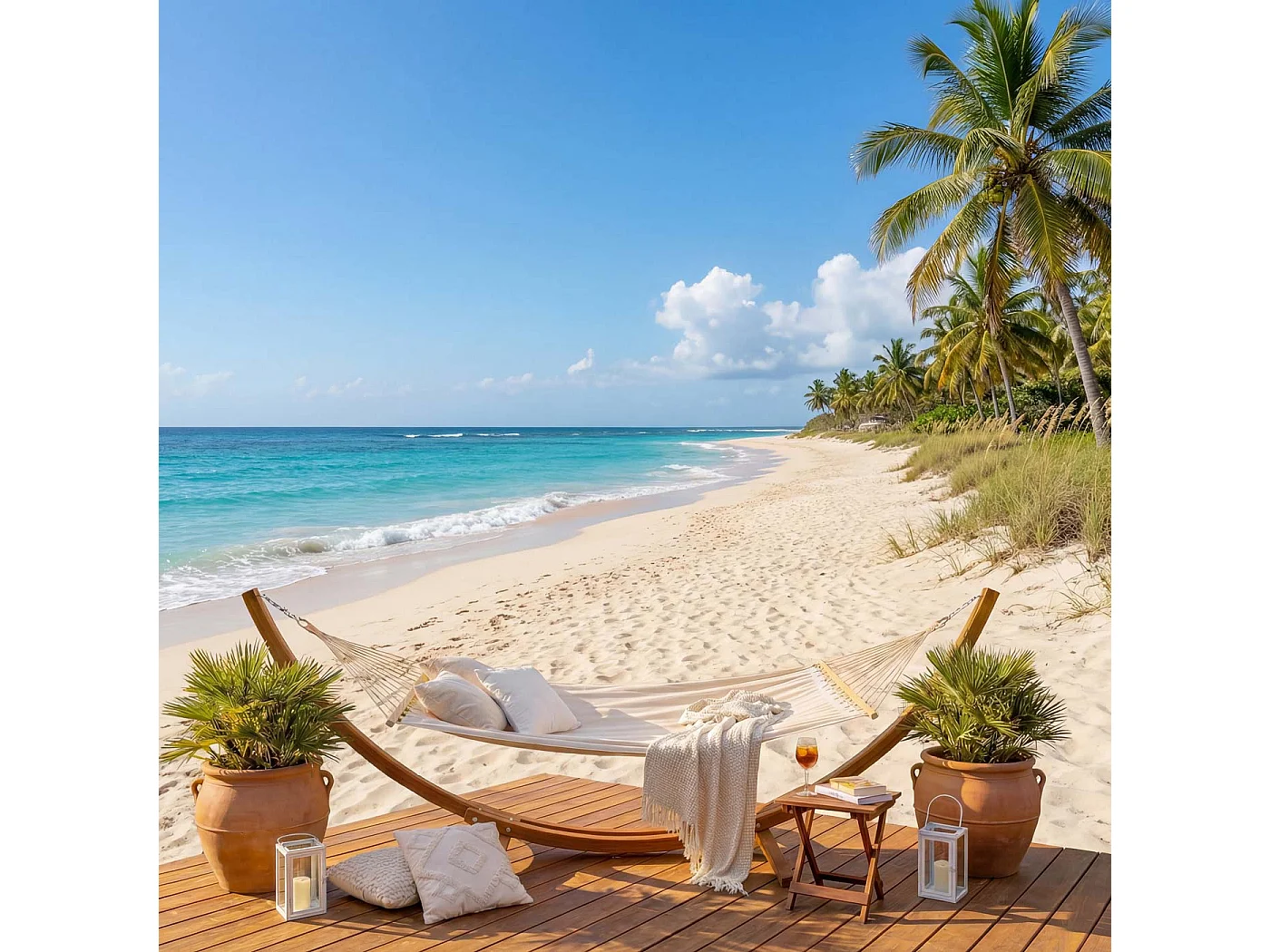 Hamac avec support MCW-J46,  Marron, tissu creme-blanc