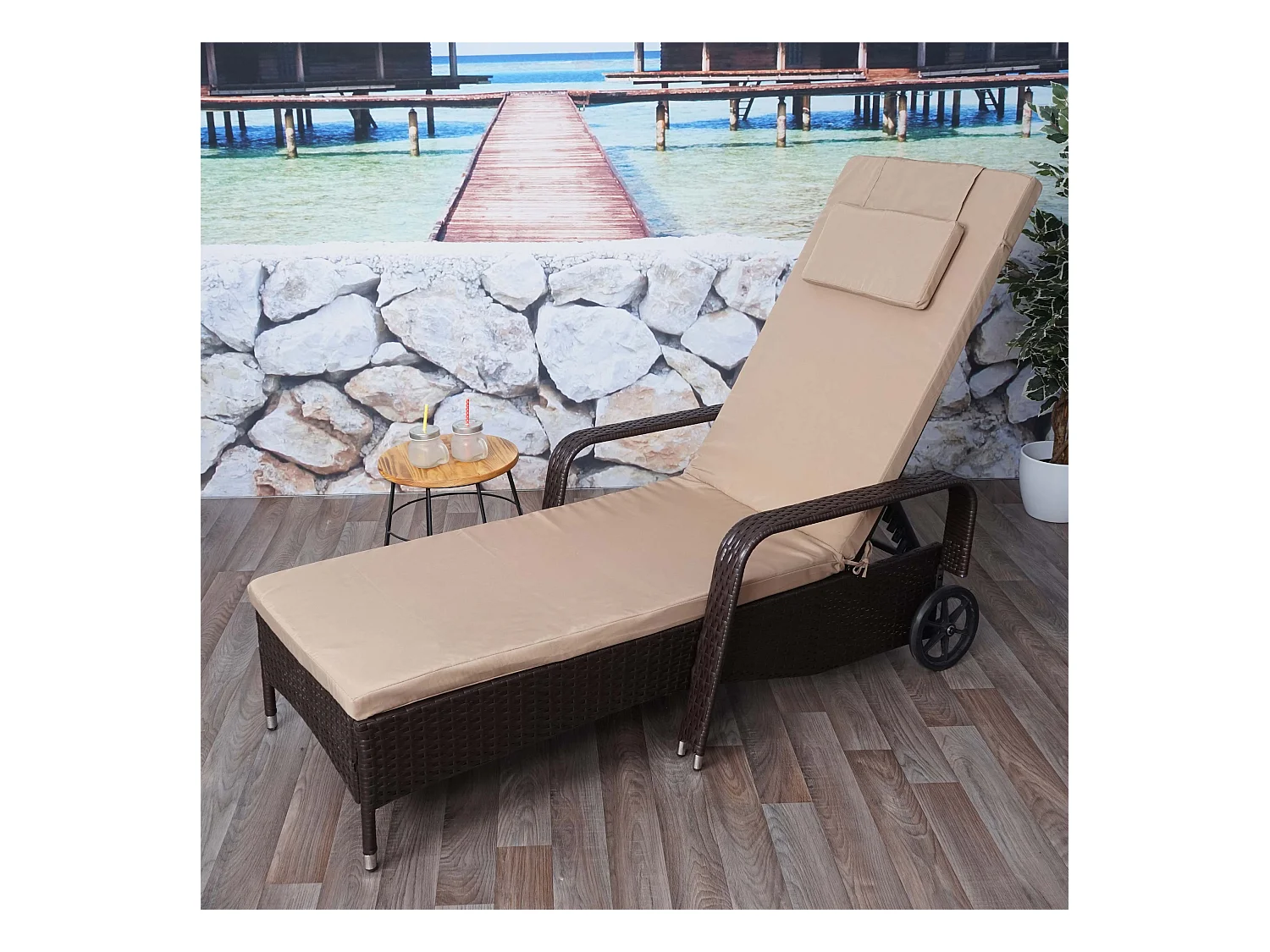Poly-Rattan Bain de soleil Cesena,  anthracite, coussin beige