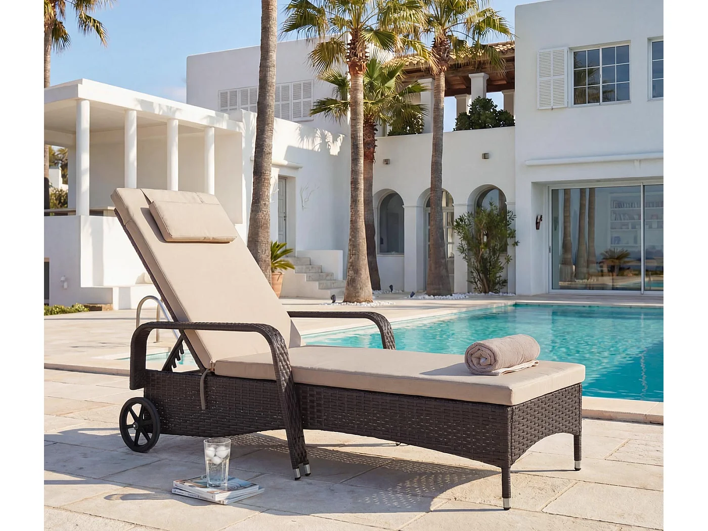 Poly-Rattan Bain de soleil Cesena,  anthracite, coussin beige