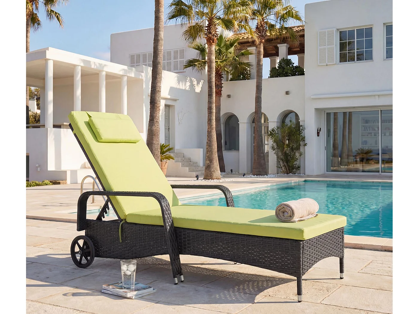 Poly-Rattan Bain de soleil Cesena,  anthracite, coussin vert clair