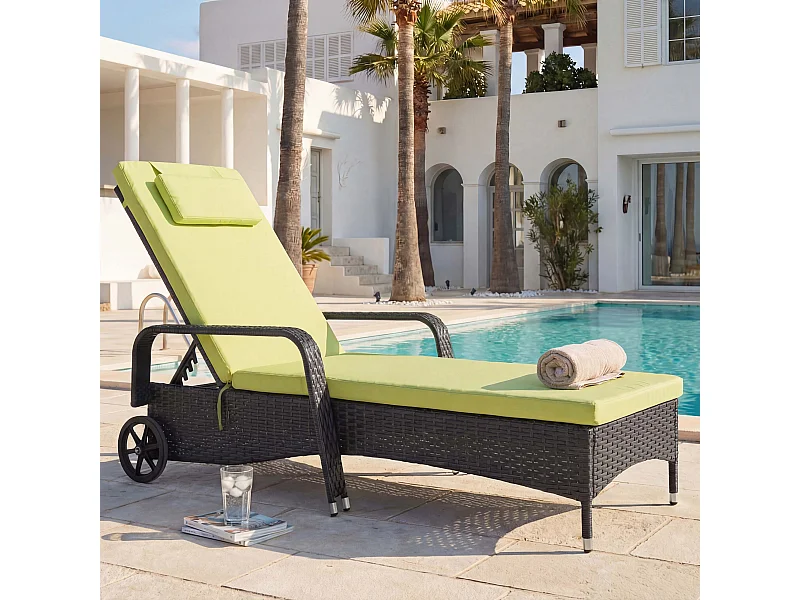 Espreguiçadeira de rattan sintético Cesena,  antracite, almofada verde claro