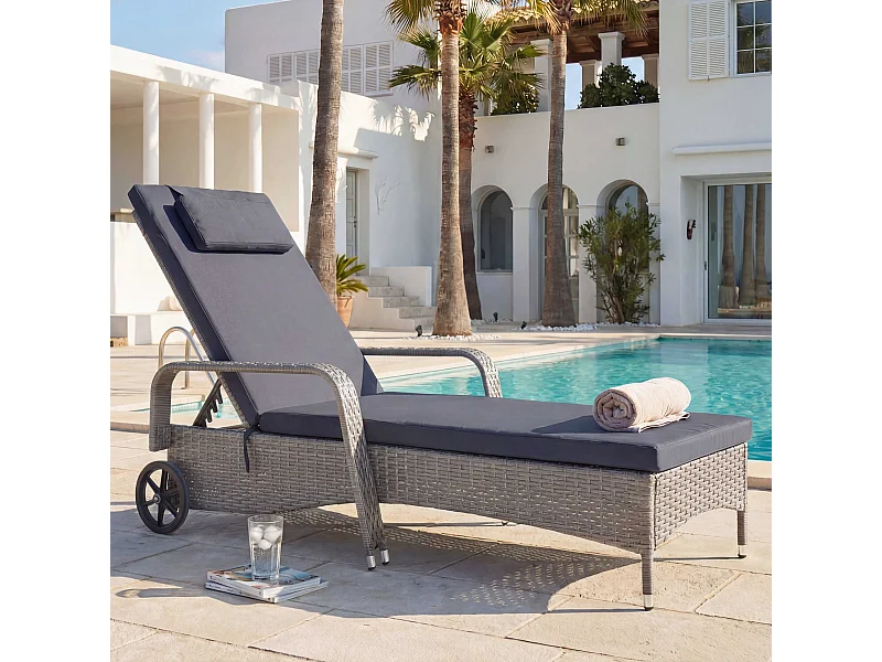 Poly-Rattan Bain de soleil Cesena,  gris, coussin gris foncé