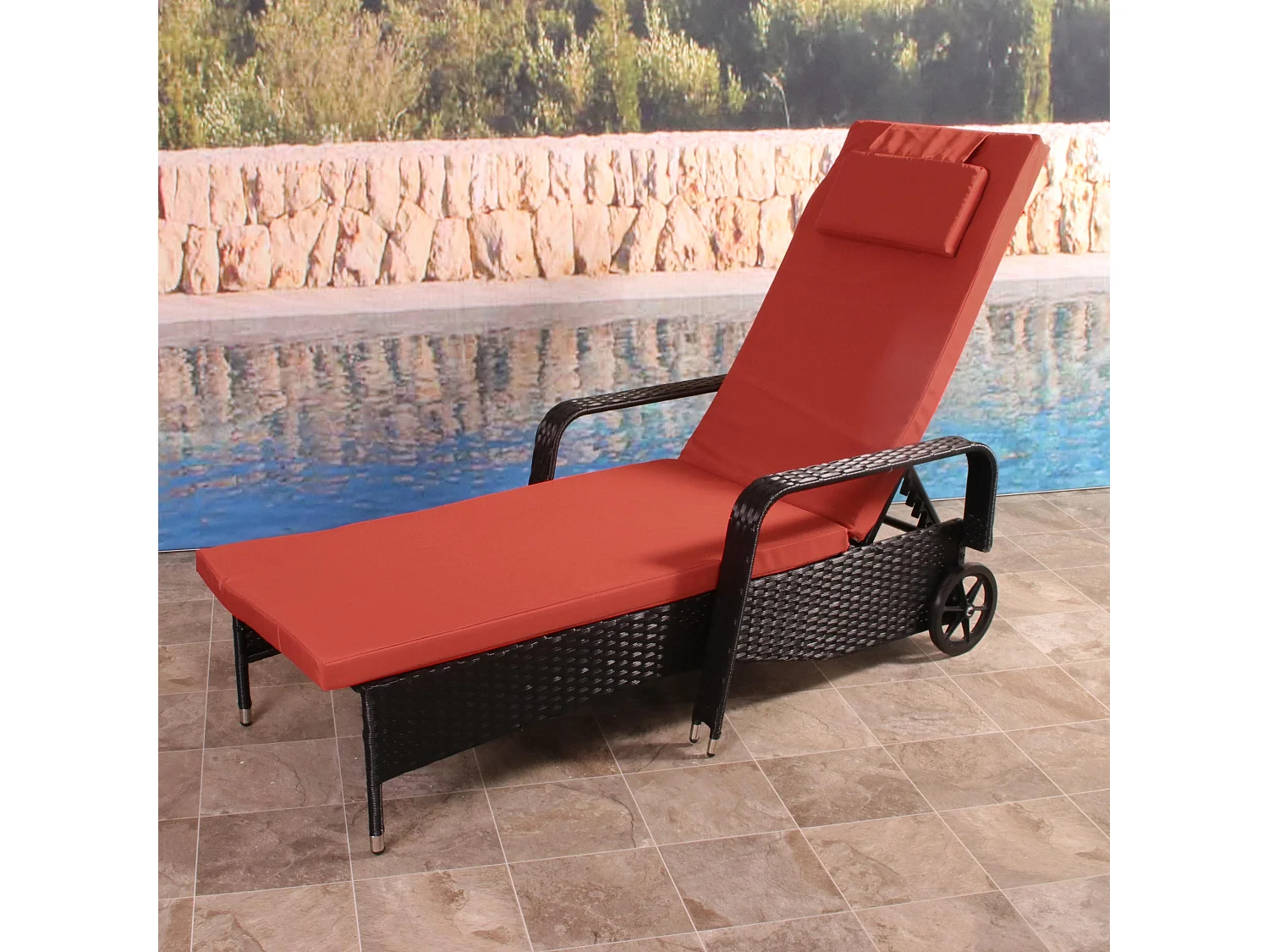 Poly-Rattan Bain de soleil Cesena,  anthracite, coussin terracota