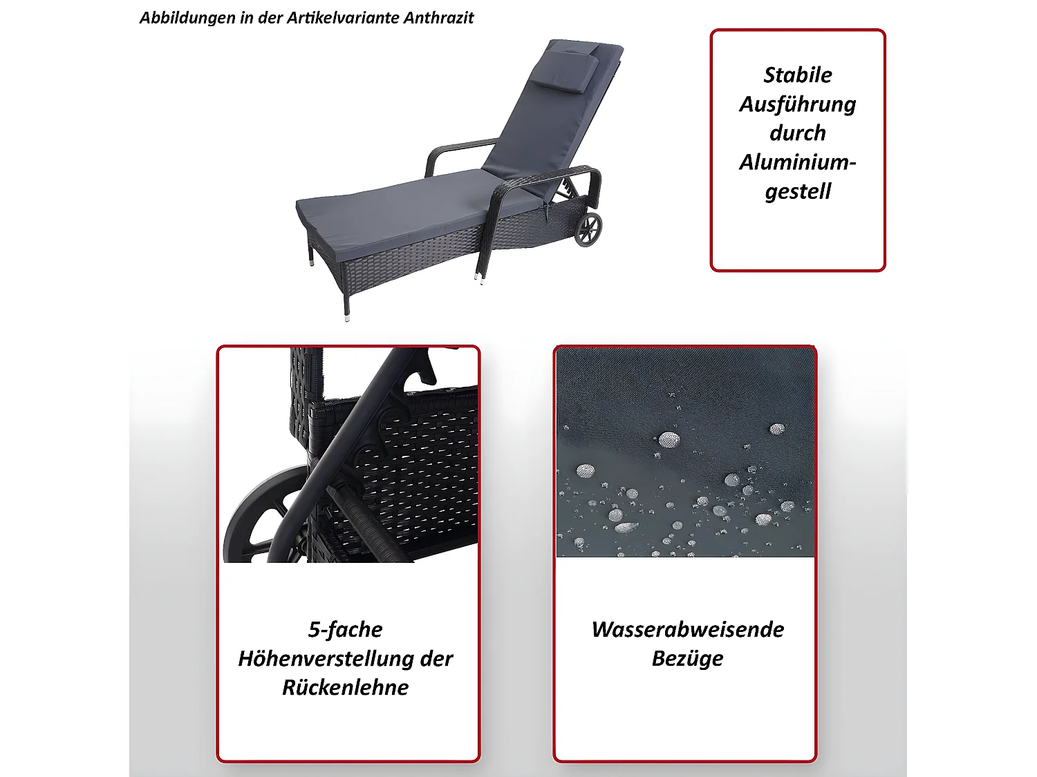 Polirattanowy leżak Cesena,  antracyt, poduszki terakota