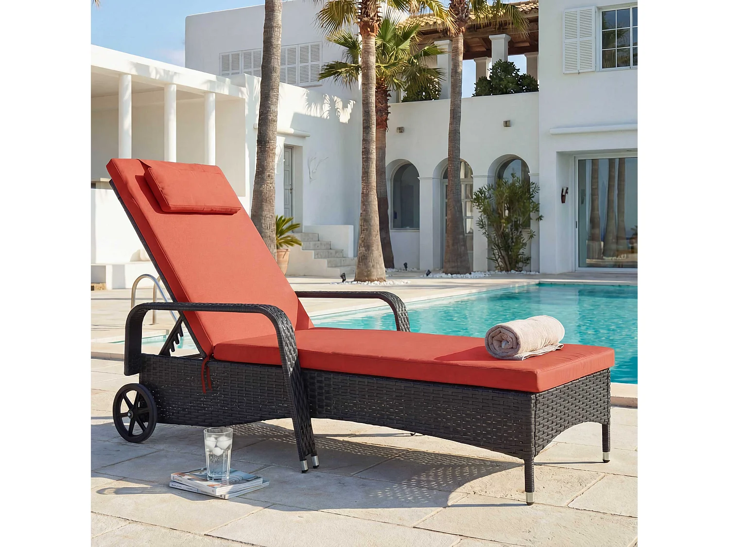 Poly-Rattan Bain de soleil Cesena,  anthracite, coussin terracota