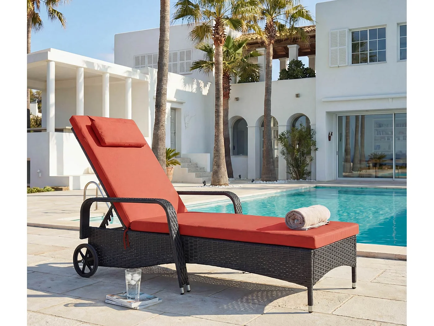 Poly-Rattan Bain de soleil Cesena,  anthracite, coussin terracota