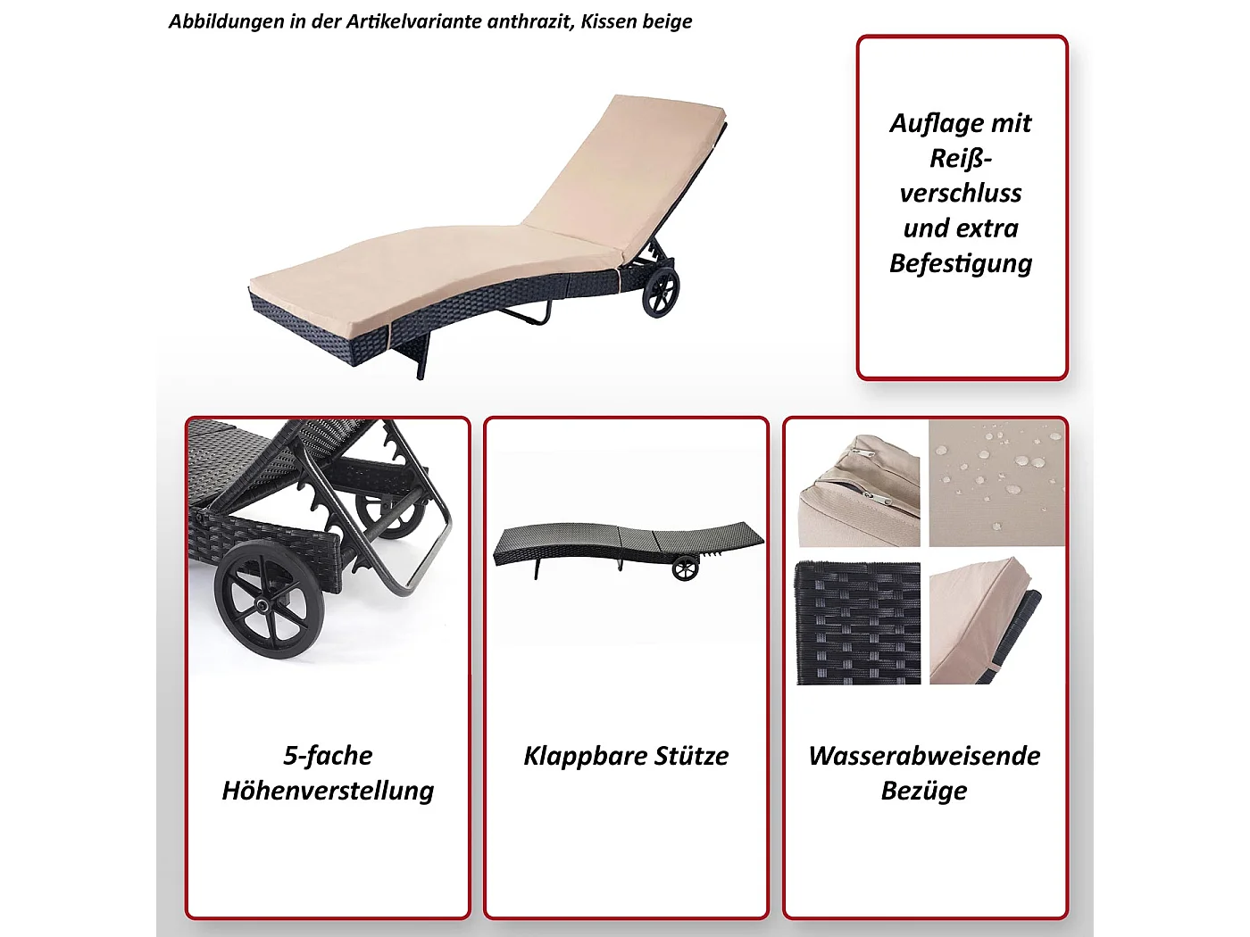 Leżak ogrodowy MCW-D80,  brązowy, beżowe poduszki