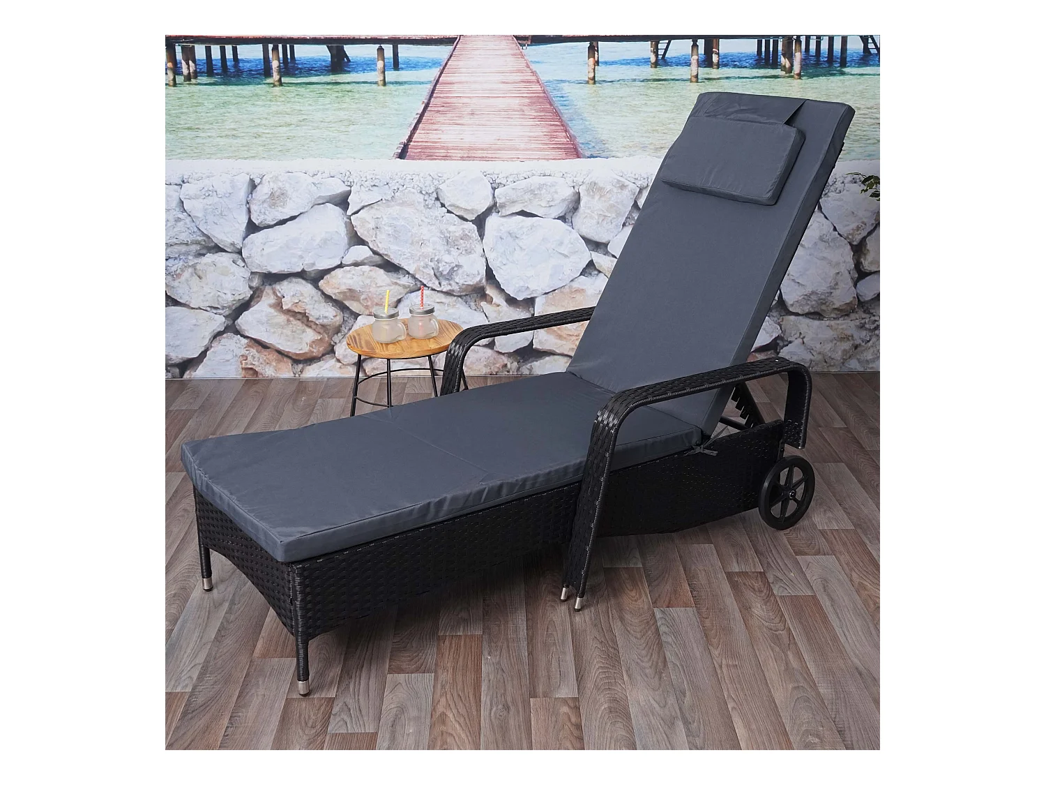 Poly-Rattan Bain de soleil Cesena,  anthracite, coussin gris