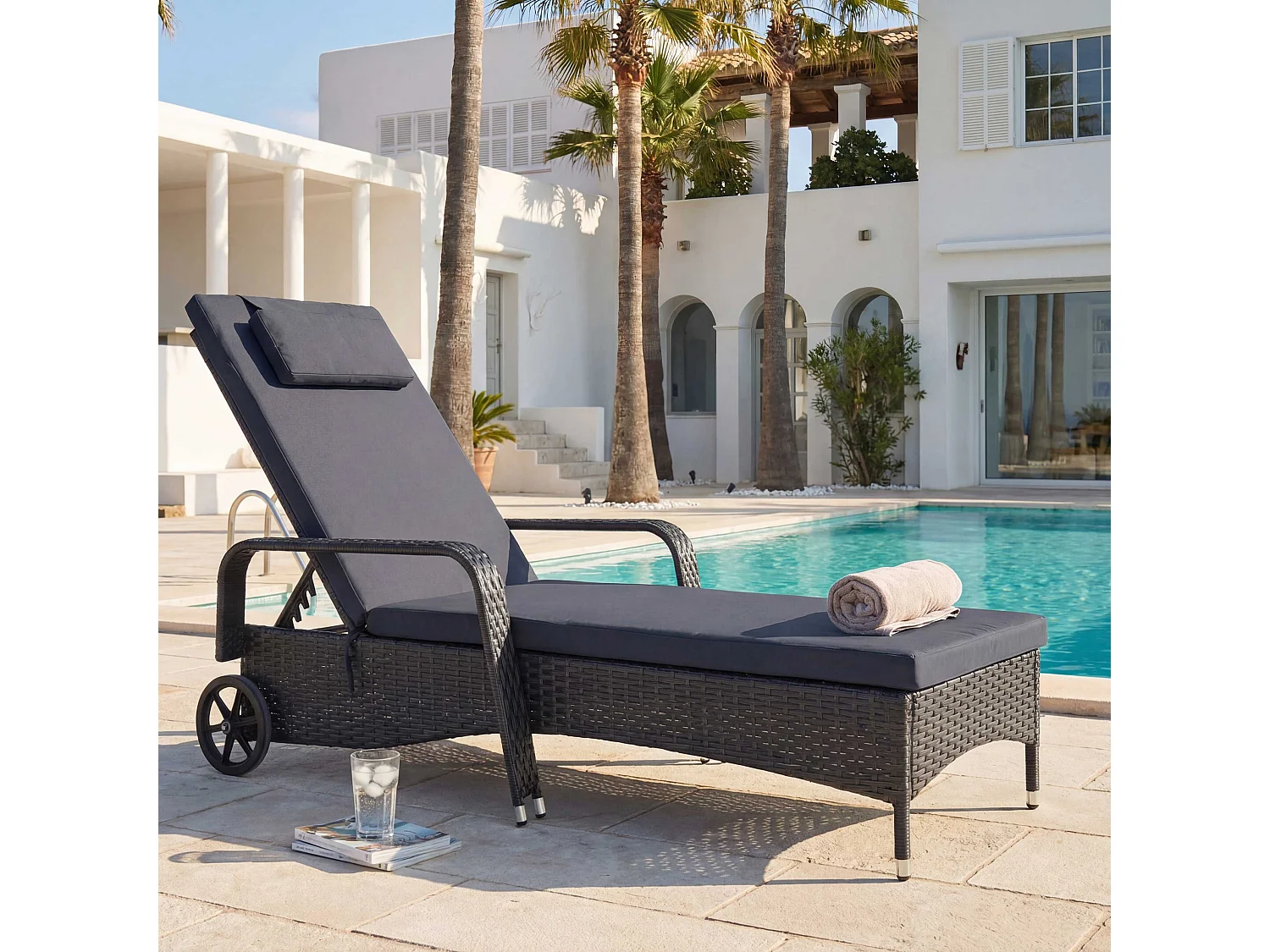 Poly-Rattan Bain de soleil Cesena,  anthracite, coussin gris