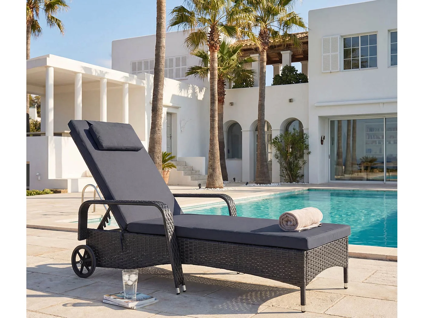 Poly-Rattan Bain de soleil Cesena,  anthracite, coussin gris