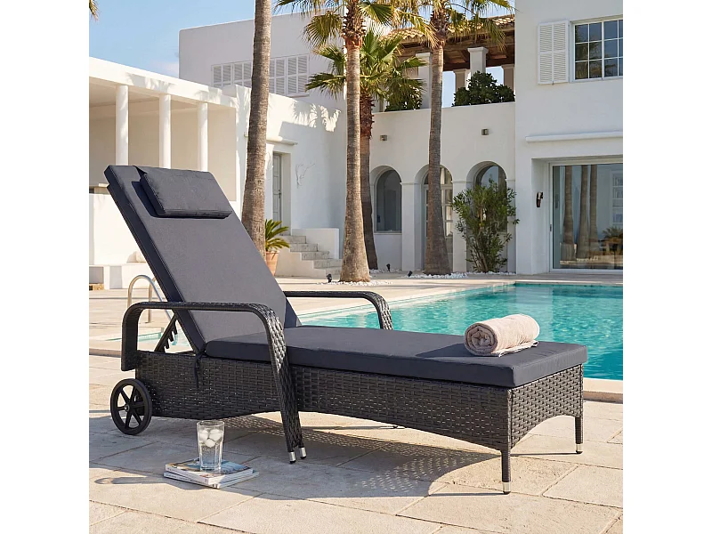 Poly-Rattan Bain de soleil Cesena,  anthracite, coussin gris